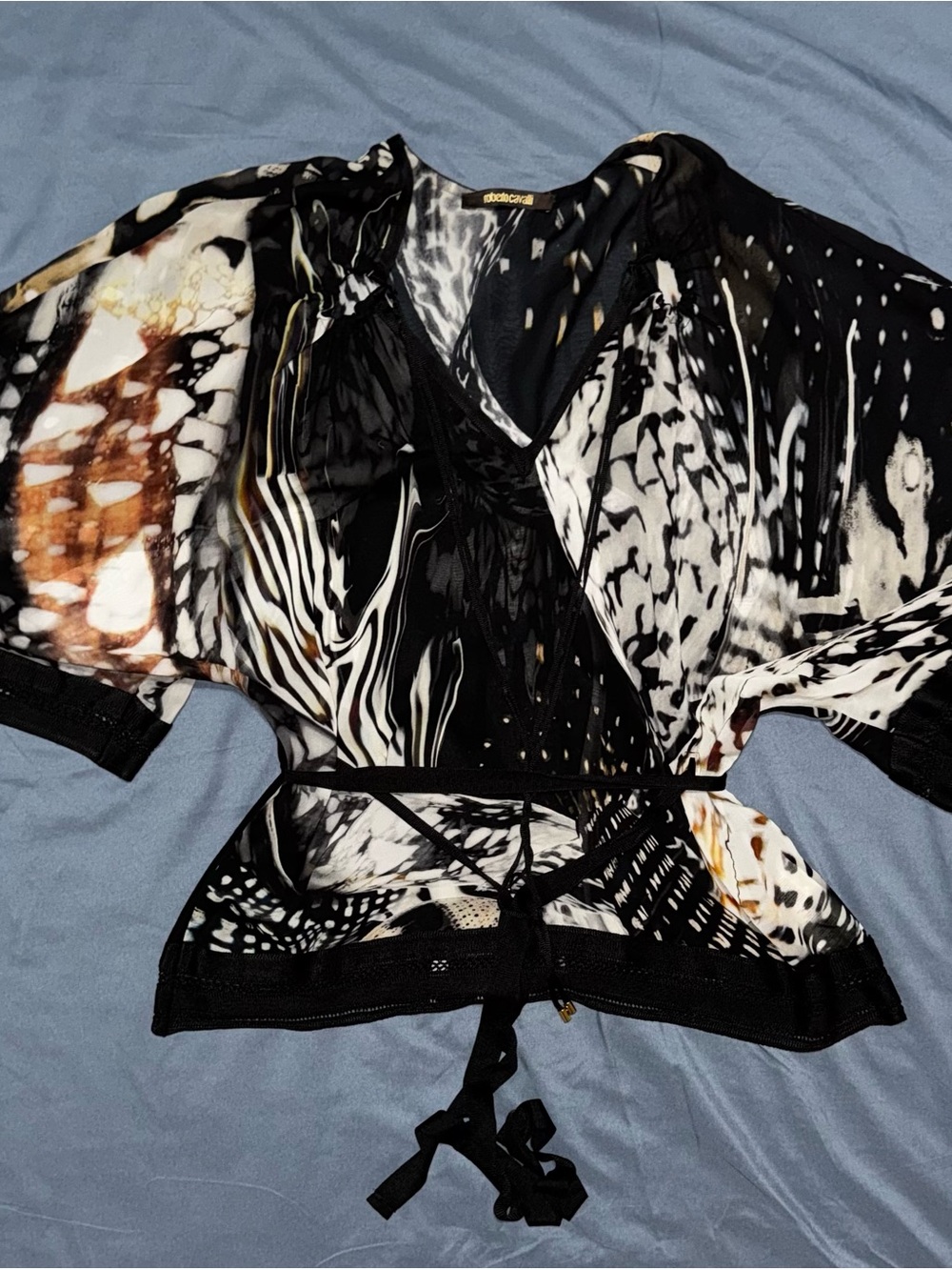 Roberto Cavalli Black, White & Gray Abstract Animal-Print Blouse - Picture 1 of 3
